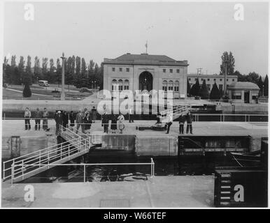 Lake Washington Ship Canal, US-Regierung sperrt, Seattle, Washington.; Umfang und Inhalt: Die US-Armee Korps der Ingenieure ausgiebig fotografiert Viele der zivilen Arbeiten Projekt- und Fluss und den Hafen Verbesserung, die Sie mit beteiligt waren. Der Lake Washington Ship Canal und die Hiram Chittenden Schlösser gebaut Passage zwischen frischem Wasser den Union See und Salz wasser Puget Sound zu ermöglichen. Stockfoto