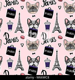 Shopping in Paris pink nahtlose Muster. Französische Bulldogge ist eine Einkaufstasche. Hand vector gezeichnet Stock Vektor