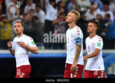 Spieler von Dänemark reagieren, nachdem die Kroatien in der Runde besiegte der 16 Gleichen während der FIFA WM 2018 in Nischni Nowgorod, Russland, 1. Juli 20 Stockfoto