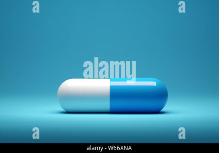 Eine Nahaufnahme Bild eines einzelnen Medizin Kapsel Pille auf einem blauen Hintergrund. 3D-Render Abbildung. Stockfoto