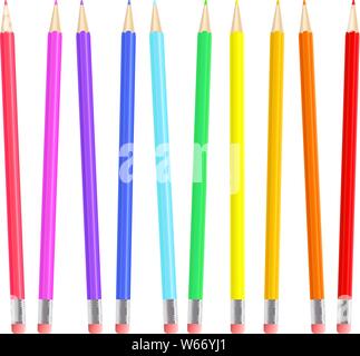 Bunte realistische Bleistifte. Rainbow farbige Buntstifte lose in eine Leitung gelegt. Vector Illustration. Stock Vektor
