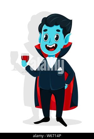 Happy Halloween. Vampire Zeichentrickfigur Kap tragen und halten ein Glas Blut. Vector Illustration auf weißem Hintergrund Stock Vektor