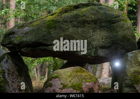 Sachsen-anhalt, Deutschland. Juli 31, 2019. Blick auf den Stein Grabkammer des Königsgrabes", wurde von Menschen Der trichterbecher Kultur dort Bestattungen durchführen. In Zukunft wird die Megalith Route Altmark führt vorbei am Grab und Touristen anziehen in der nordwestlichen Altmark. Ursprünglich war geplant, die 40 Kilometer lange Strecke im kommenden Frühjahr beginnen, benötigt aber immer noch Zeit für die Entwicklung. Die Dichte der Steinblöcke, auch als Hünengrab, ist besonders hoch in der Altmark Landkreis Salzwedel. Quelle: dpa Picture alliance/Alamy leben Nachrichten Stockfoto