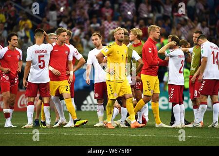 Spieler von Dänemark reagieren, nachdem die Kroatien in der Runde besiegte der 16 Gleichen während der FIFA WM 2018 in Nischni Nowgorod, Russland, 1. Juli 20 Stockfoto