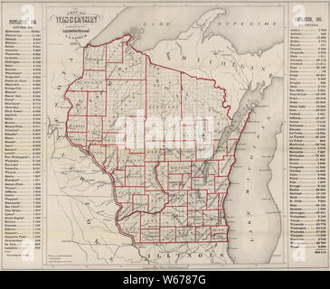 Karte von Wisconsin vorbereitet für die Legislative Handbuch mit Stadt und County 1865 Einwohner, 1866 Stockfoto