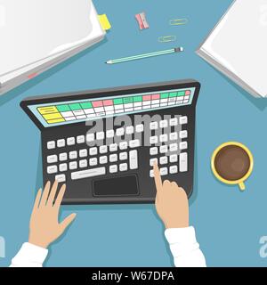 Schreibtisch mit Laptop, einem Stapel Papier und einer Tasse Kaffee. Eine saubere Arbeitsfläche. Flache cartoon Design. Stock Vektor