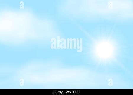 Realistische Abbildung: blauer Himmel mit weißen Wolken und Platz für Text. Strahlende Sonne mit sunbeam-Vektor Stock Vektor