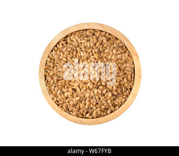 Golden Leinsamen in Houten auf weißem Hintergrund Stockfoto