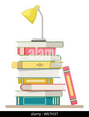 Stapel Bücher in einem flachen Stil auf einem weißen Hintergrund mit einem Tisch Lampe. Bildung Konzept Design. Flaches Design Stil. Vector Illustration. Stock Vektor