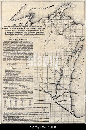 0062 Eisenbahn Karten eine Karte mit der Route der geplanten Bahn Straße aus dem Kupfer und Eisen Bergbaugebiet von Lake Superior mit Rail Straßen gebaut oder im Staat Wisconsin als nimmt konstruiert zu verbinden Stockfoto