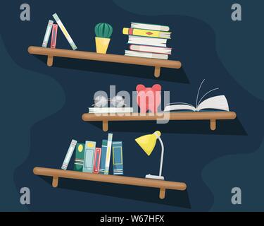 Regale mit Büchern, Kaktus, Sparschwein, Tischleuchte und Gläser. Flache pädagogische Abbildung im Comic-stil. Stock Vektor