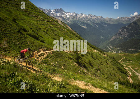 ALPE D'HUEZ, Frankreich. Eine Gruppe von Mountainbikern Reiten eine schmale Alpine Trail über eine steile grasbewachsenen Hügel, mit schneebedeckten Bergen im Hintergrund. Stockfoto