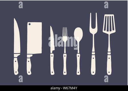 Vintage Küche eingestellt. Satz von Fleisch schneiden Messer, Gabel, Löffel Stock Vektor