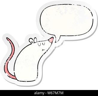 Cartoon weiße Maus mit Sprechblase distressed Distressed alte Aufkleber Stock Vektor
