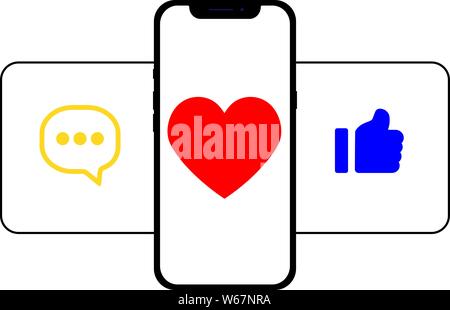 Die Kommunikation in sozialen Netzwerken. Bild von Handy mit Nachricht Icons, mag, und Abonnenten. Perfekt für das Banner, Website. Stock Vektor