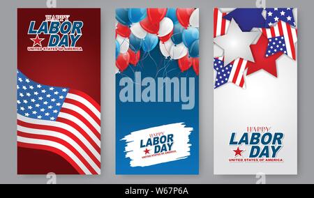 Happy Tag der Arbeit Flyer oder Broschüre eingestellt. Hintergrund Design mit USA Nationalflagge und blaue, weiße und rote Luftballons. Vector Illustration. Stock Vektor