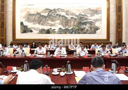 (190731) - Peking, 31. Juli 2019 (Xinhua) - Wang Yang, Mitglied des Ständigen Ausschusses des Politbüros der Kommunistischen Partei Chinas (CPC) Central Committee und Vorsitzender des Nationalen Ausschusses der Chinese People's Political Consultative Conference, kontrolliert die Vereinigten Front-Abteilung des CPC-Zentralausschuss auf seiner Partei Ausbildung Kampagne unter dem Motto "taying Getreu unserer Gründung Mission" am 31. Juli 2019. (Xinhua/Rao Aimin) Stockfoto