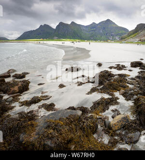 Strand in der Nähe von Flakstad Skagsanden, Insel Flakstadøya, Lofoten, Norwegen Stockfoto