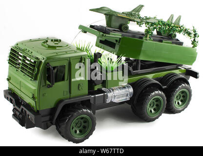 Army green Militär Spielzeug Fahrzeug Kämpfer. Startbildschirm Fighter Military Truck Spielzeug militärische Trägerrakete Fighter aircraf Transporter Stockfoto