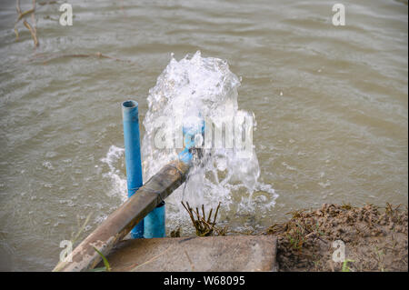 Blaues Rohr Pumpe rush Wasser im Sumpf fallen Stockfoto