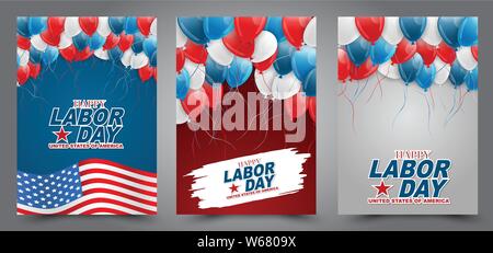 Happy Tag der Arbeit Flyer oder Broschüre eingestellt. Hintergrund Design mit USA Nationalflagge und blaue, weiße und rote Luftballons. Vector Illustration. Stock Vektor