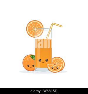 Orangensaft. Süße Kawai lächelnd cartoon Saft mit Scheiben in ein Glas mit Saft Stroh. Stock Vektor