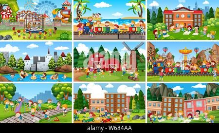 Satz von Szenen in der Natur Einstellung Abbildung Stock Vektor
