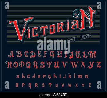 Viktorianische Alphabet im alten Stil. Antike alte Schrift für Whiskey label. Vintage Schriftbild in roten Farben, bearbeitbar und geschichtet. Hand Vector gezeichnet Stock Vektor