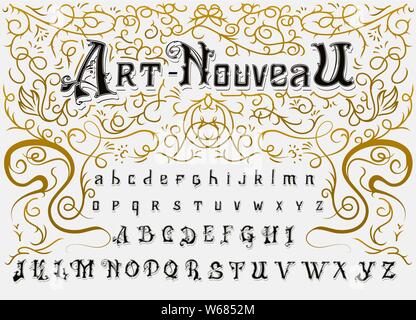 Viktorianische Alphabet im alten Stil. Antike alte Schrift für Whiskey label. Vintage Schriftbild in schwarzen Farben, bearbeitbar und geschichtet. Hand Vector gezeichnet Stock Vektor