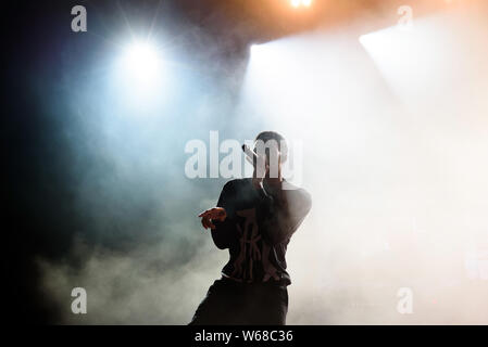 BILBAO, SPANIEN - Jun 13: Vince Heftklammern (Rapper) führt im Konzert an BBK Live Musik Festival 2019 am 13. Juli, 2019 in Bilbao, Spanien. Stockfoto