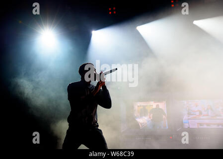 BILBAO, SPANIEN - Jun 13: Vince Heftklammern (Rapper) führt im Konzert an BBK Live Musik Festival 2019 am 13. Juli, 2019 in Bilbao, Spanien. Stockfoto