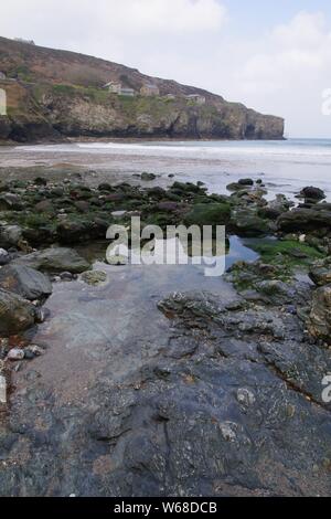 Trevaunance Cove und Punkt. Die hl. Agnes, North Cornwall, an einem Frühlingstag. Stockfoto