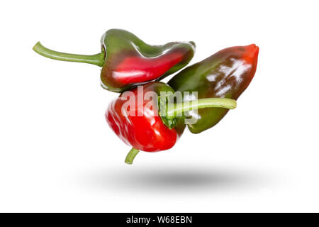 Gruppe von frischem rotem und grünem Pfeffer fliegen auf weißem Hintergrund. Capsicum annuum Sorten Stockfoto