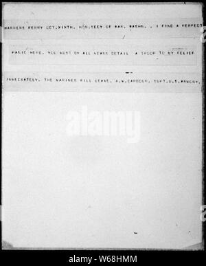 Telegramm von Uhr Barbour, Betriebsleiter des Arsenals, Harpers Ferry an den Sekretär des Krieges; Umfang und Inhalt: Am 16. Oktober 1859, John Brown und seine Armee von etwa 20 Männer ergriff die Bundesregierung Arsenal in Harper's Ferry, West Virginia Virginia (jetzt). Am Morgen des 18. Oktober Marines unter dem Kommando von Bvt. Oberst Robert E. Lee, stürmten das Gebäude und Braun, und die Überlebenden seiner Partei gefangen. Auch nach Braun gefangengenommen wurde, falsche Gerüchte blieb über abolitionisten und Sklaven versteckt in den Bergen, die Vorbereitung für einen neuen Angriff auf die Stadt. Es war in dieser Atmosphäre der Panik, wie Stockfoto