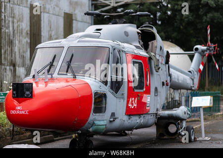 DONCASTER, Großbritannien - 28. JULI 2019: Der Lynx Hubschrauber von der HMS Endurance - die Royal Navy ice Schiff. Stockfoto