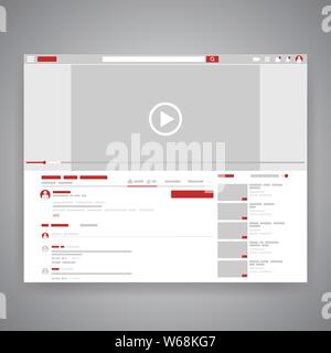 Web Browser social media youtube Video player Interface. Play Video online Mock up. UI-Fenster mit Symbol Navigation. Vector Illustration. Stock Vektor