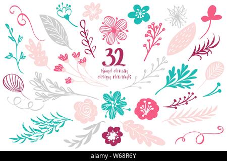 Einstellen der Feder florales Dekor. Vektor Elemente Sammlung mit Blätter und Blumen für Grußkarten, Flyern und Banner Design Stock Vektor