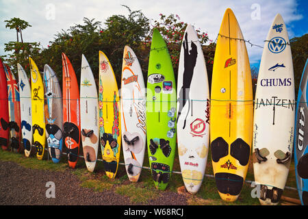 Bunte surfboard Zaun in der Nähe der Stadt Ahaus an der Strasse nach Hana auf Hawaii Insel Maui. Stockfoto