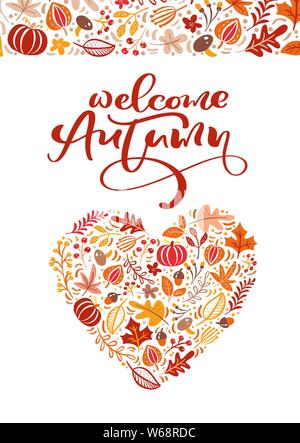 Grußkarte mit Text Willkommen im Herbst. Orange Blätter von Ahorn, September, Oktober oder November Laub, Eiche und Birke, Herbst Natur Jahreszeit Poster Stock Vektor