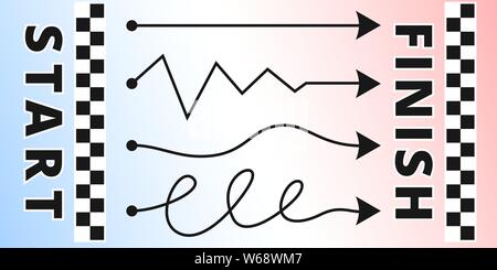 Beginn und Ende der Text mit Flugbahn Zeile streichen Sie Pfeile und karierten Band. Sport und Wirtschaft Wettbewerb Konzept in Vector EPS 10. Stock Vektor