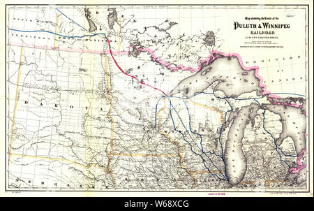 0254 Railroad Maps Karte mit der Route der Duluth Winnipeg Railroad und seiner Verbindungen aufbauen und Reparieren Stockfoto