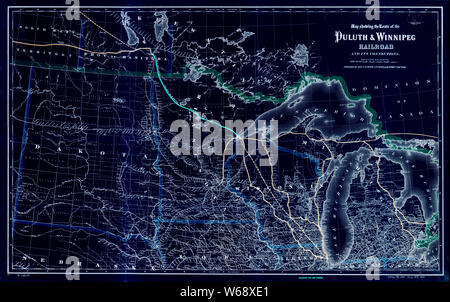 0254 Railroad Maps Karte mit der Route der Duluth Winnipeg Railroad und dessen invertiertes Bauen und Reparieren Stockfoto