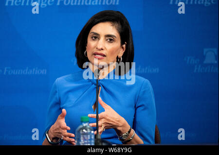 Seema Verma, Administrator, Zentren für Medicare and Medicaid Services, US-Gesundheitsministerium spricht bei der Heritage Foundation auf 'Medicare für Alle: Wie Government-Run Gesundheitsversorgung hätten Auswirkungen der Amerikaner in Washington, DC. Stockfoto