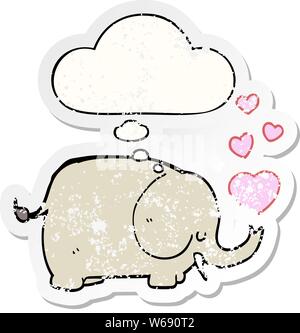Cute cartoon Elefant mit Liebe Herz mit Gedanken bubble Als distressed getragen Aufkleber Stock Vektor