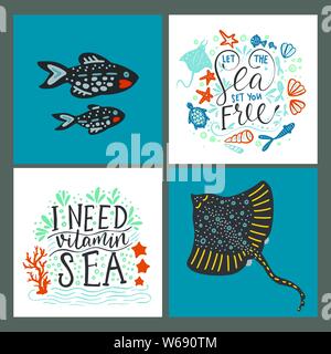 Vektor meer Karten mit handdrawn Meer Tiere und verzierte Schriftzug Stücke mit viel detaillierte Elemente. Sommer Illustrationen. Stock Vektor
