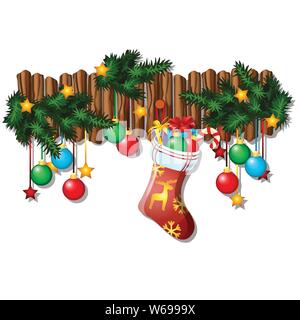 Wand Weihnachten Einrichtung mit herabhängenden Christbaumkugeln, tannenzweigen, Socke mit Geschenken auf weißem Hintergrund. Beispiel für Poster, party Urlaub Einladung Stock Vektor