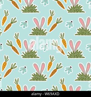 Nahtlose Feder vector Pattern mit Kaninchen, Karotten und Schmetterlinge. Frohe Ostern Abbildung. Stock Vektor