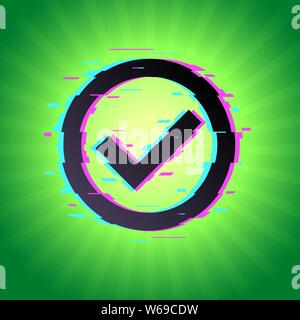 OK glitched Symbol auf grün Pop Art Stil verlaufshintergrund Vektor. Magic Kontrollkästchen und modernes Symbol bestätigen. Stock Vektor