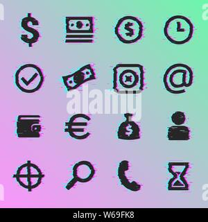 Website Vorteile Icon Set in Glitch Art Stil. Vorteile Symbole wie Finanzen, Dollar, Avatar, Portemonnaie, Suche, Schutz, Sperre, Lage und m Stock Vektor