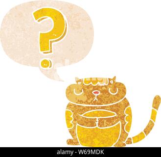 Cartoon Katze mit Fragezeichen mit Sprechblase in grunge Distressed retro strukturierte Stil Stock Vektor